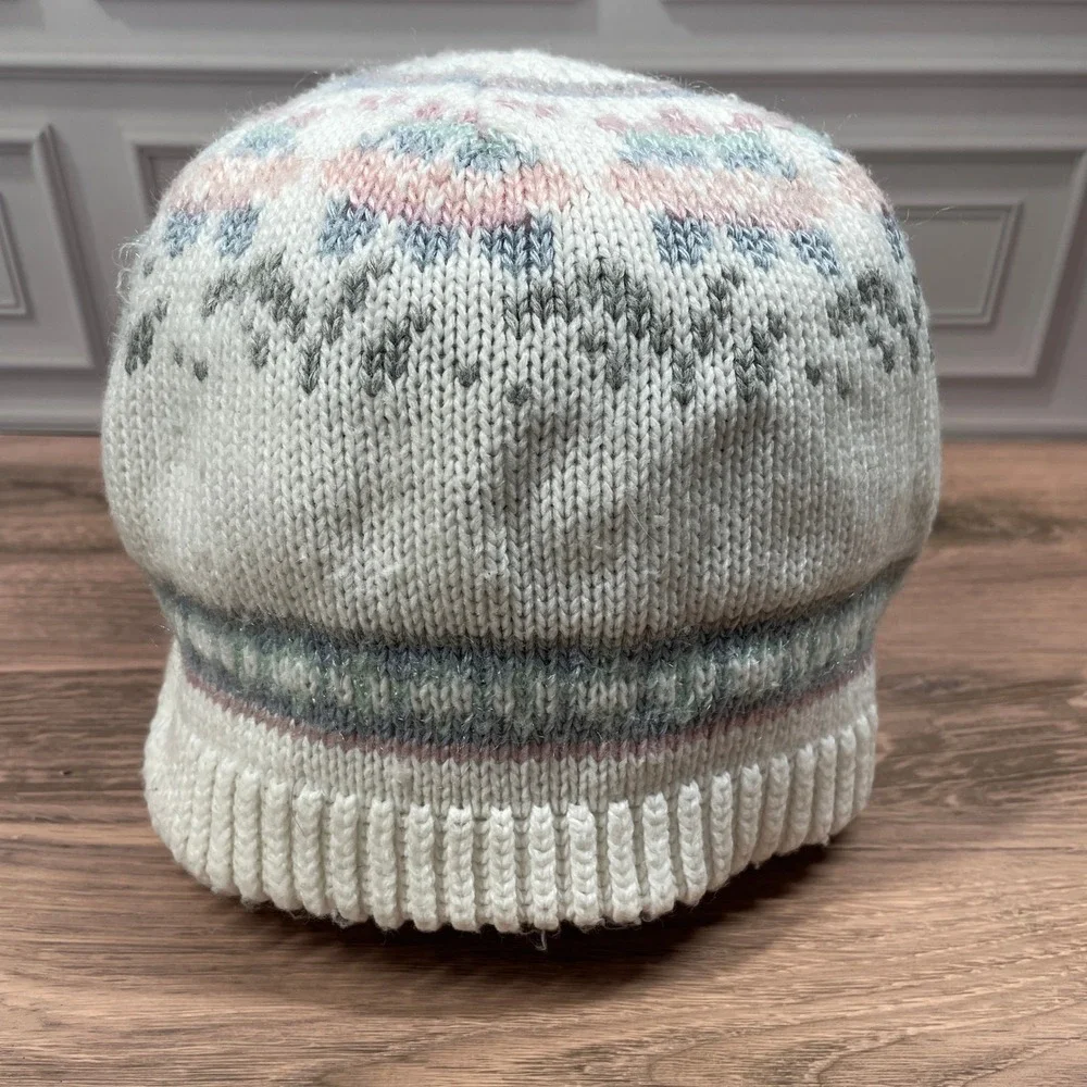 Vintage Hansen Womens Knit Beanie Hat and Gloves‎ Set Fair Isle White Pink Blue